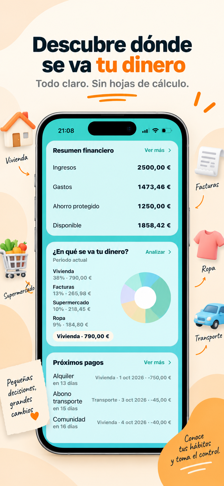 Resumen financiero de Moneo con ingresos, gastos y ahorro protegido